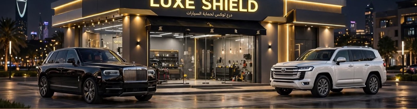 Glossy luxury SUVs outside a detailing studio at night