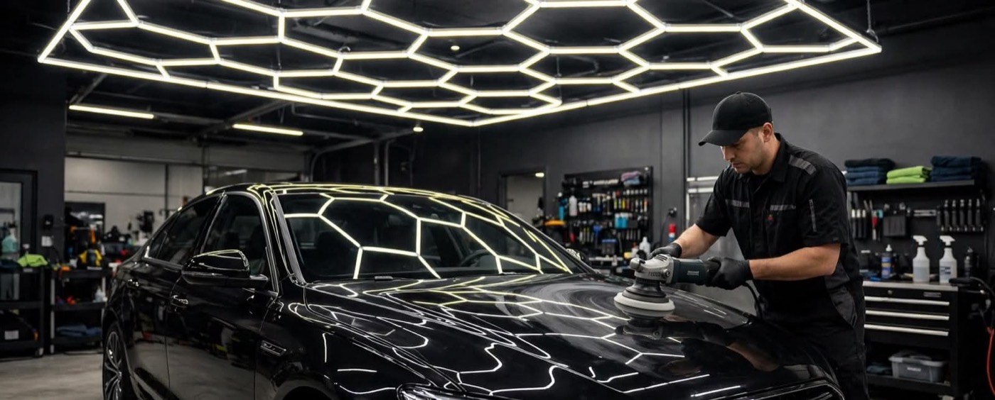 Technician machine-polishing the bonnet of a black car in a detailing studio