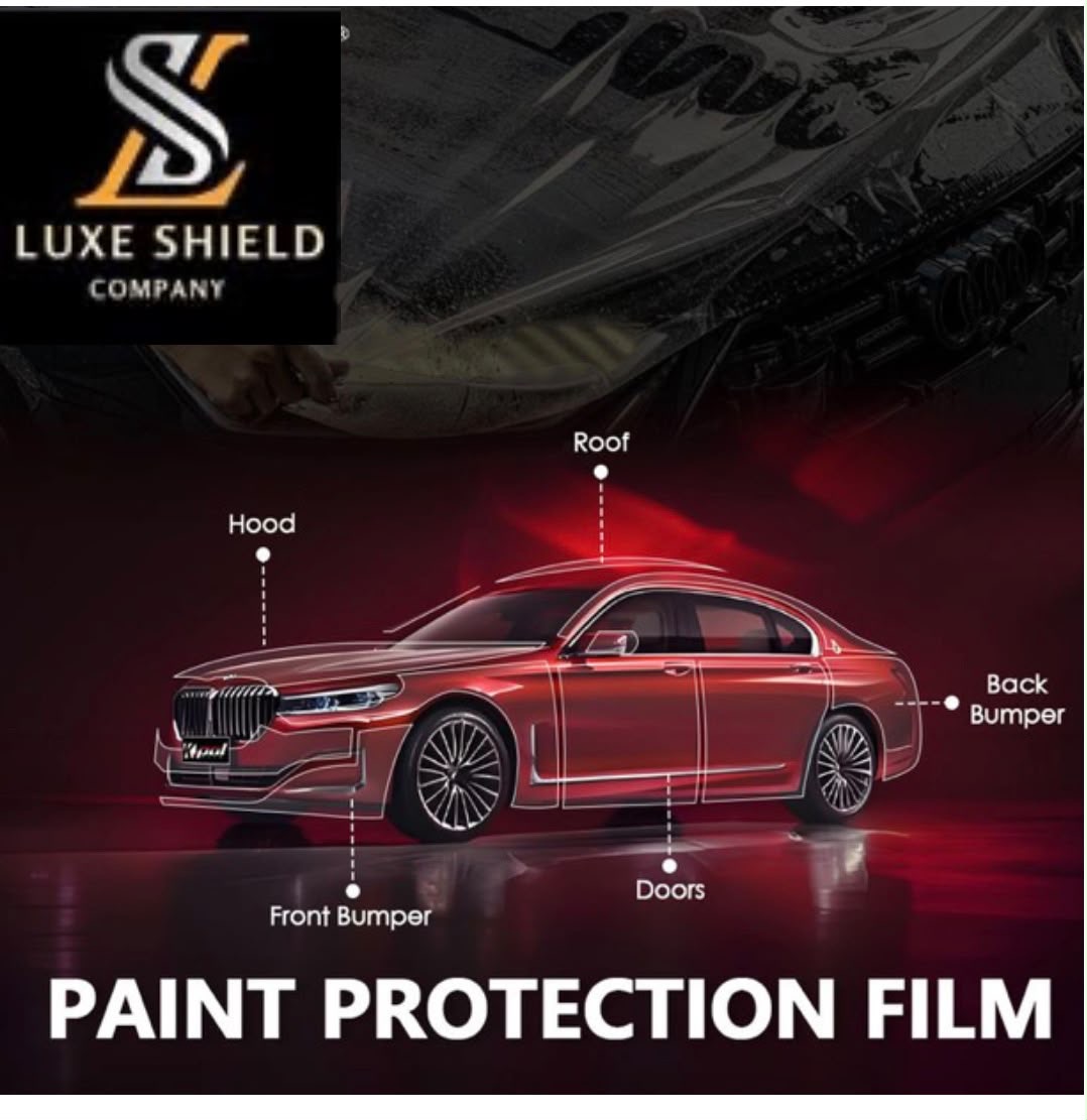 Diagram of the areas covered by paint protection film: hood, roof, doors, and front and back bumpers